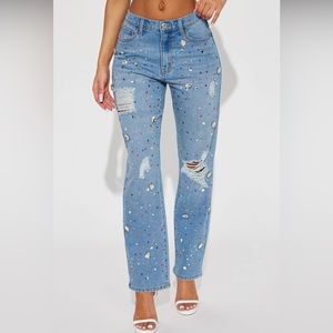 Embellished High Rise Mom Jeans, Bejeweled Distressed Denim Pants